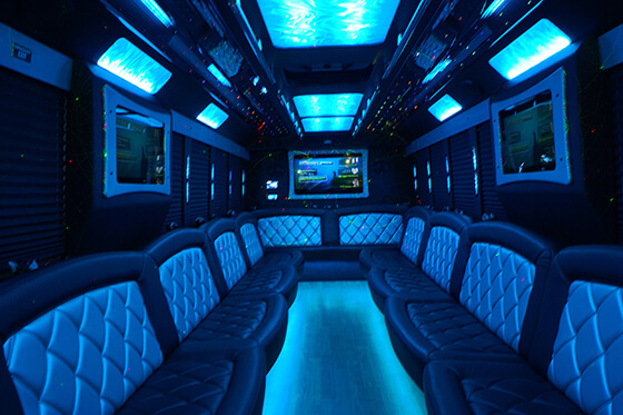 34 passenger party bus with flat-screen TVs